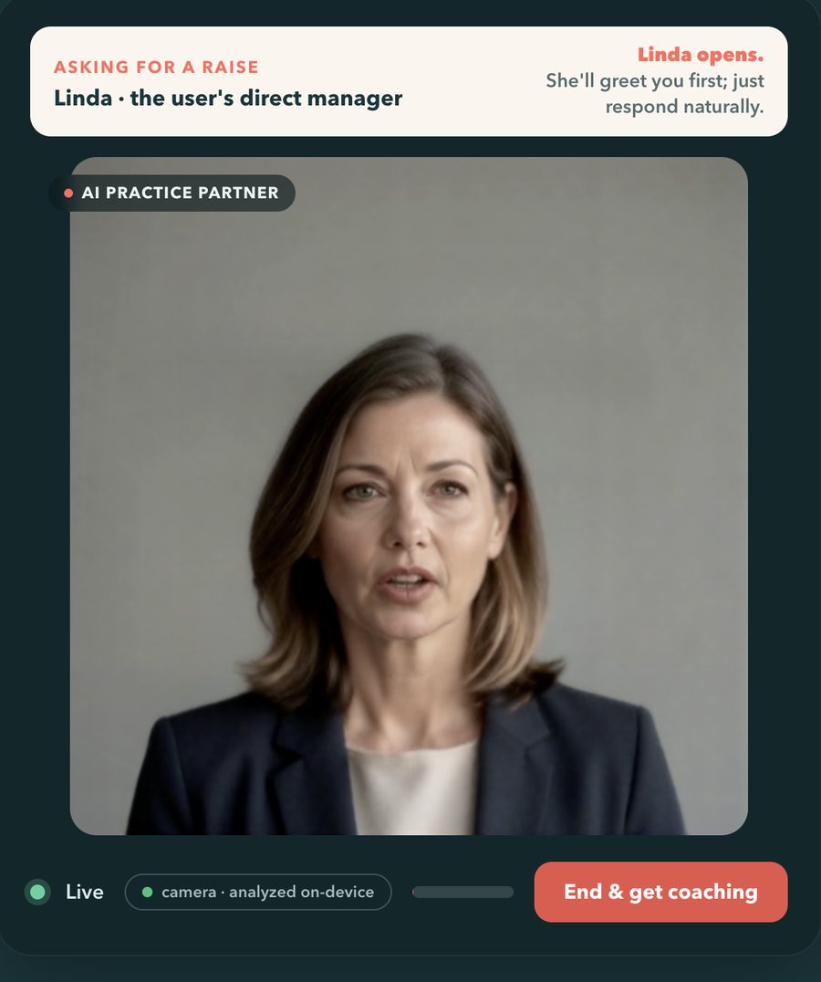 A live Mirror session: Asking for a Raise with Linda mid-conversation, camera coaching analyzed on-device